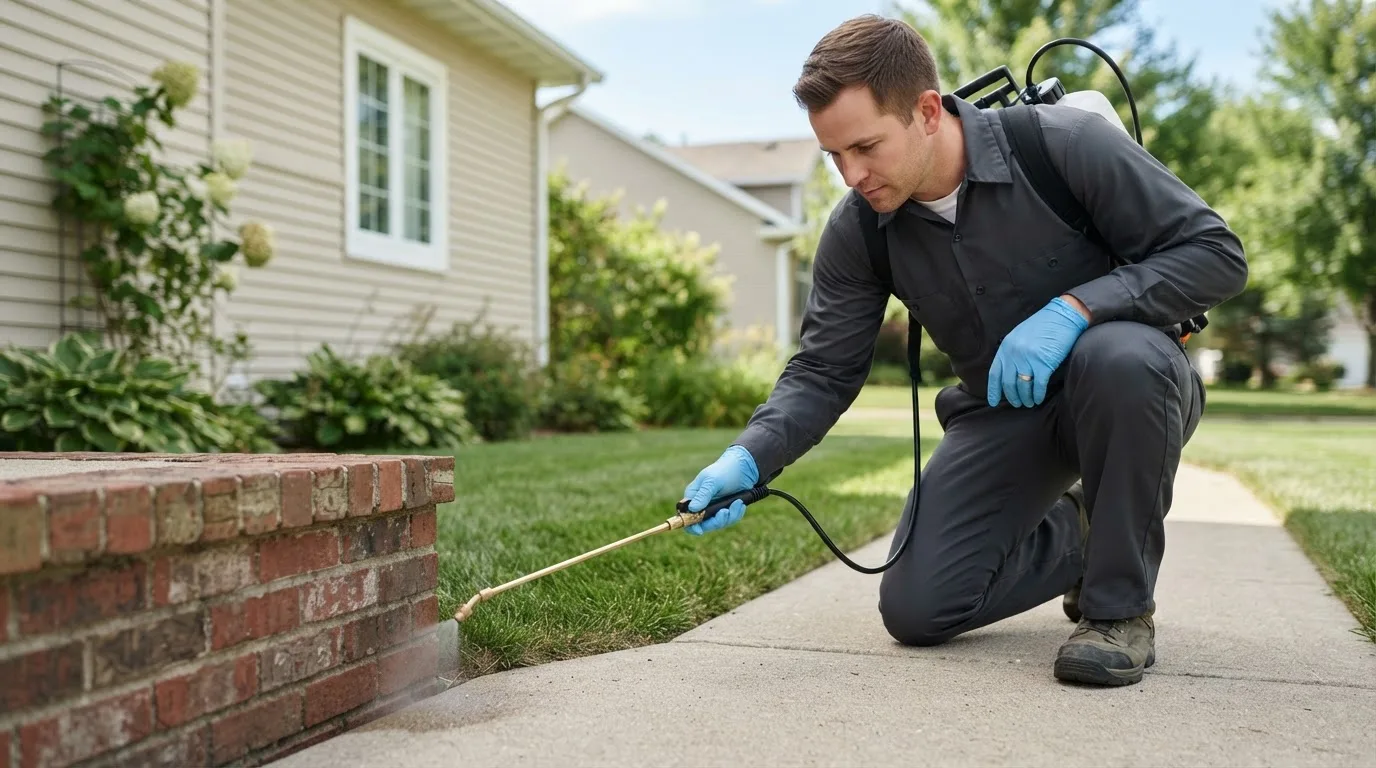 Pest control technician treating a home near Lovejoy, IL