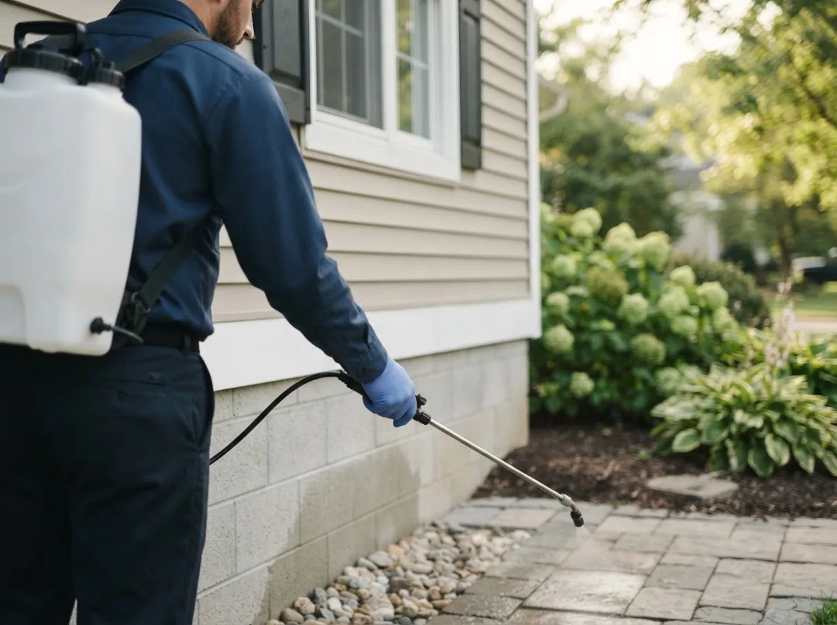 Pest control technician inspecting a home in Lovejoy, IL